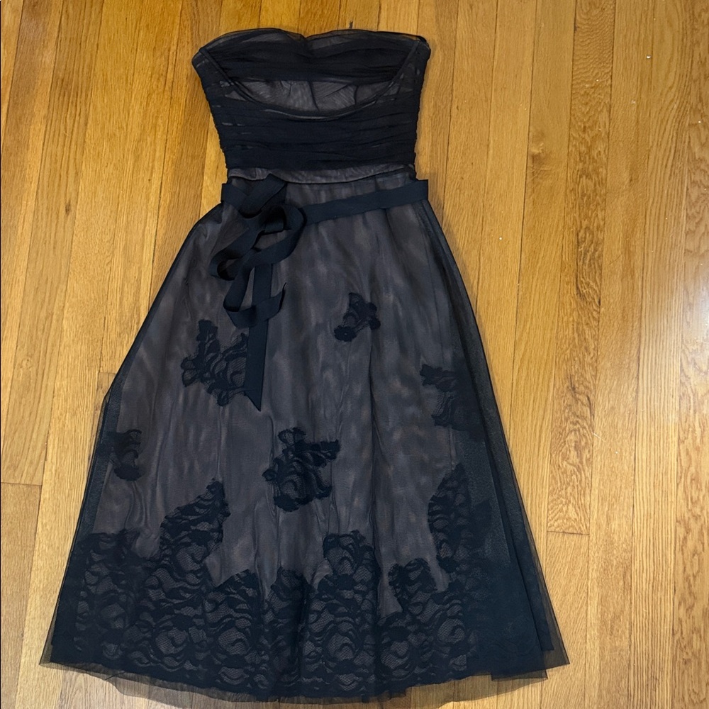 BCBGMaxAzria Black Strapless Dress with Lace Overlay